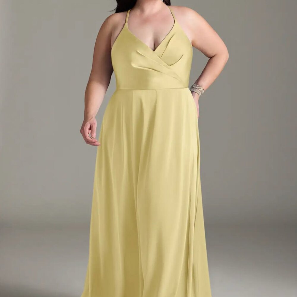 Azazie Davis A-Line Pleated Stretch Satin Dress in Lemon Sorbet - Picture 2 of 5